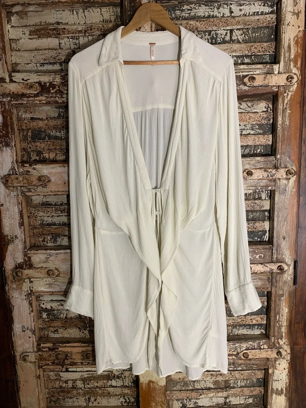 Free People Worlds Apart Cream Tie-Front Long Sleeve Tunic Cover Up, Duster, XL